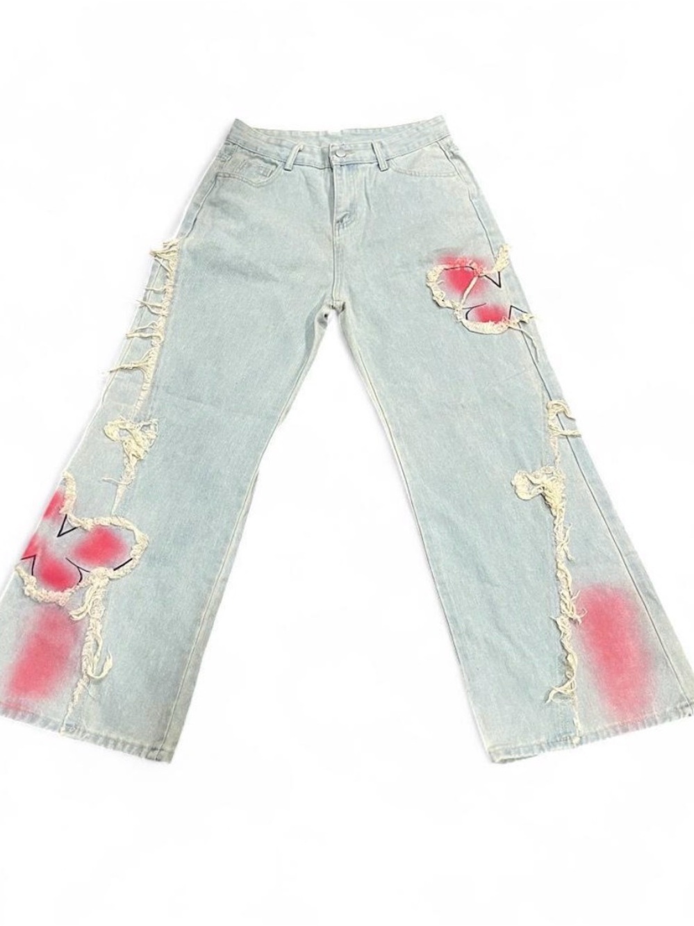 Light Wash Women’s Jeans with Pink Spray-Graphic and Distressed Detailing